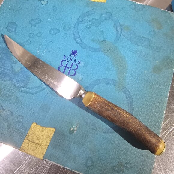 Vintage BIRKS Stag antler Set of 8 Stainless Steak Knives with original box - Picture 6 of 9